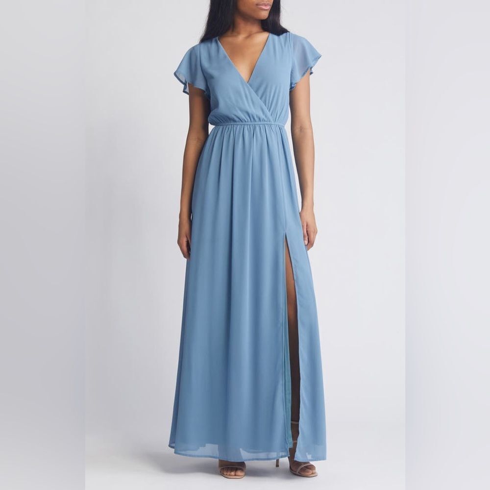 NWT Lulus maxi dress Lost in the Moment Flutter Sleeve Gown slate blue Sz S